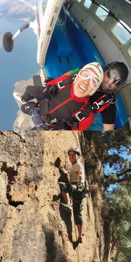 Two images: Julio jumping out of a plane and rock climbing
